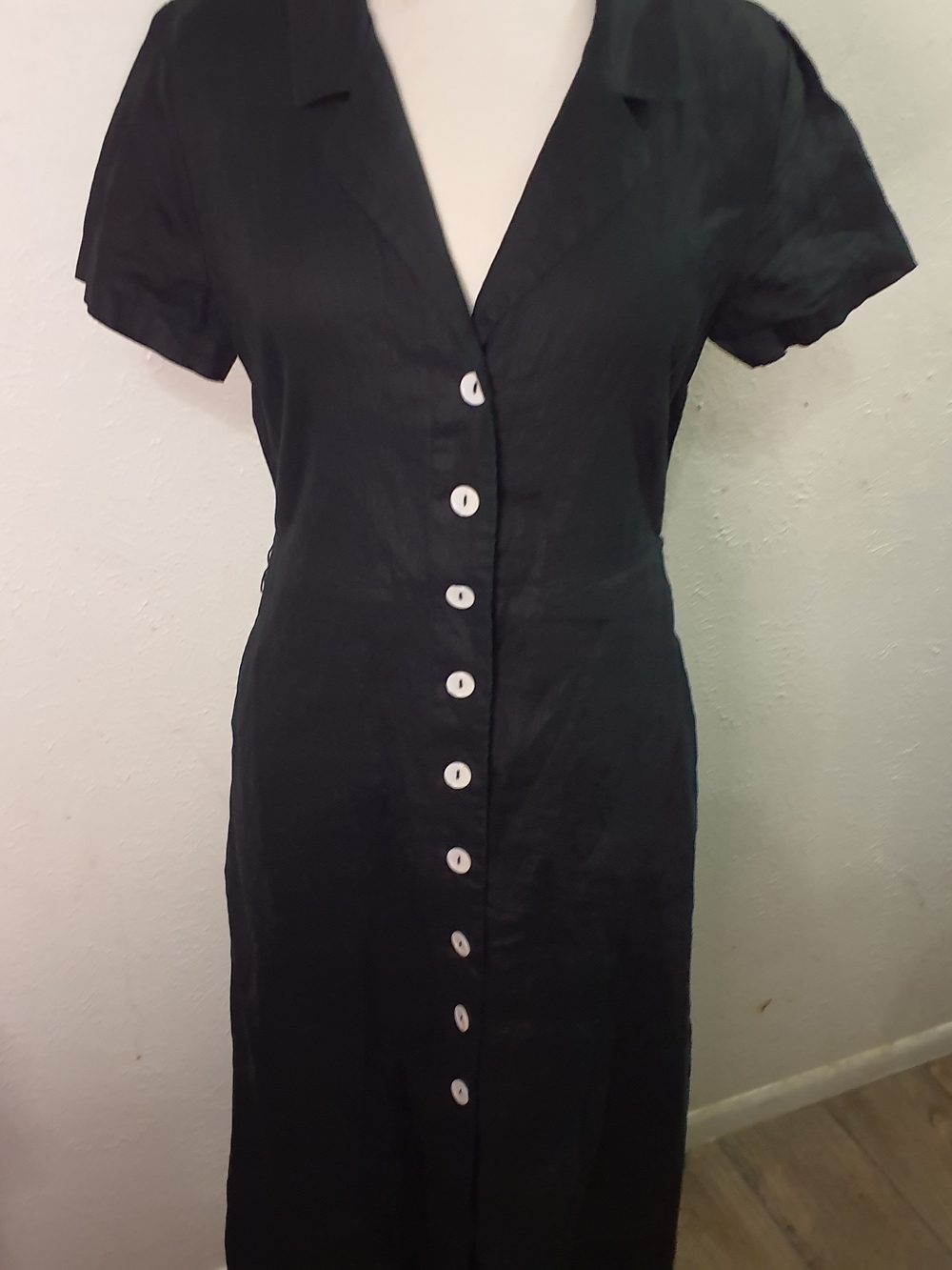 Quince Black Button-Down Linen Midi Dress